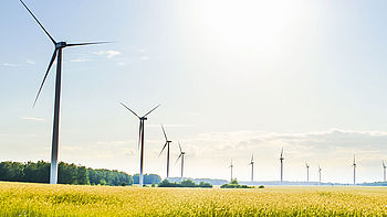 Windenergieanlagen, Windpark im Sommer