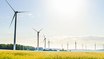 Windenergieanlagen, Windpark im Sommer