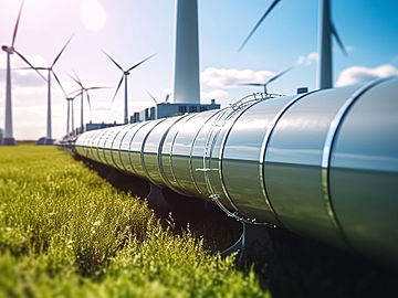 Wasserstoff-Pipeline mit Windrädern im Hintergrund